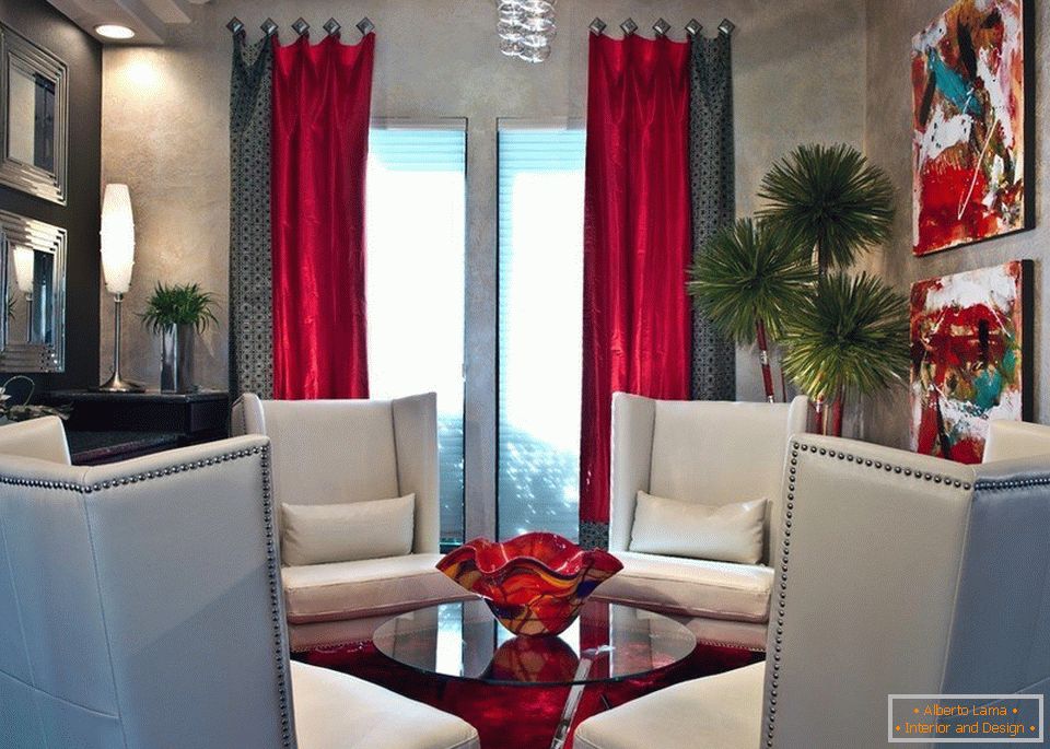 Black and red curtains in the living room