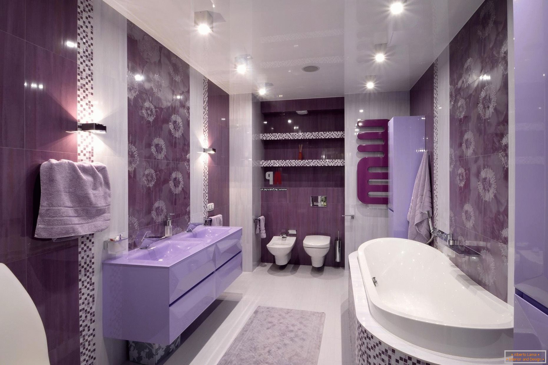 Luxurious design of the bathroom in lilac flowers