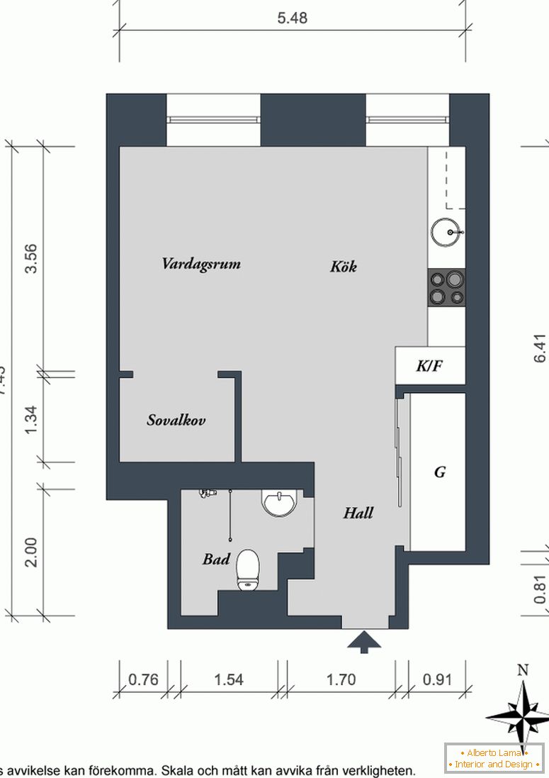 Studio apartment layout in Gothenburg
