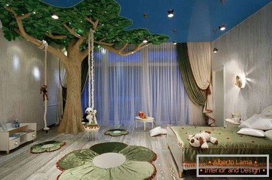 Design of a large children's room with a tree