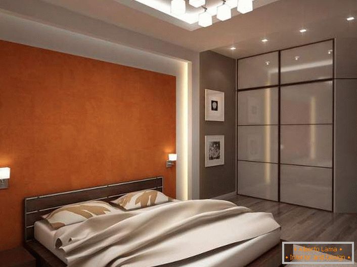 Functional bedroom with well-chosen lighting is made in gray and light beige tones. 