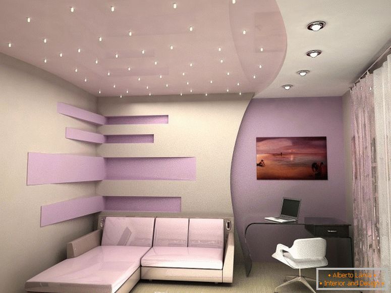 Luxurious stretch ceiling white-purple. 