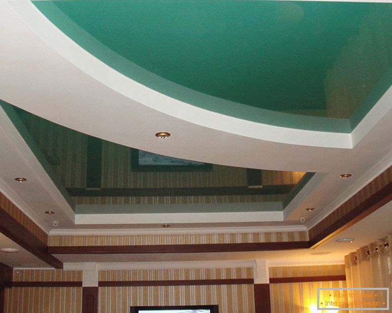 The multi-tier construction of stretch PVC ceilings along the gypsum-cardboard level is equipped with LED, built-in lamps.