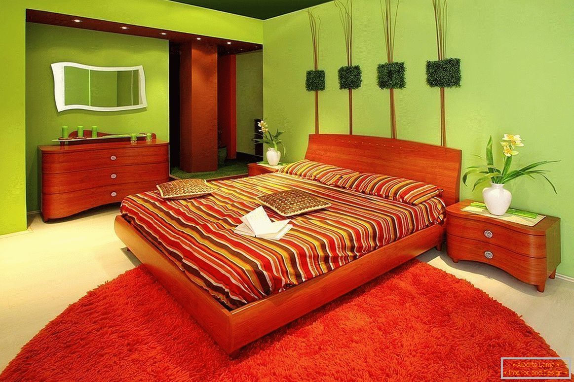 Red and green bedroom interior