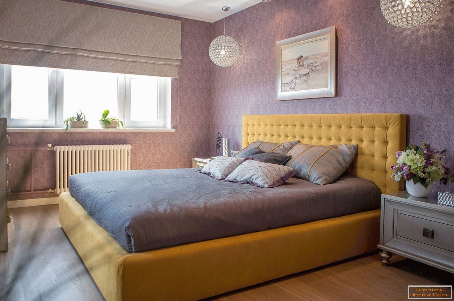 Yellow bed in purple interior