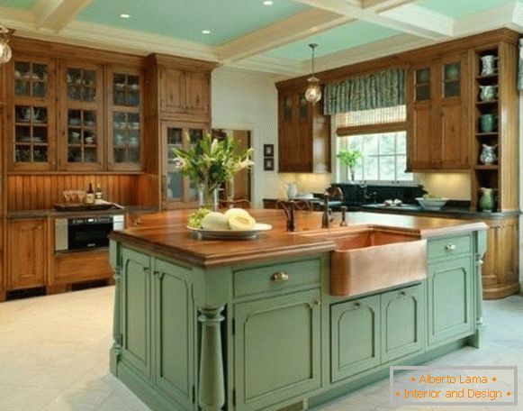 Green and brown in the interior of the kitchen