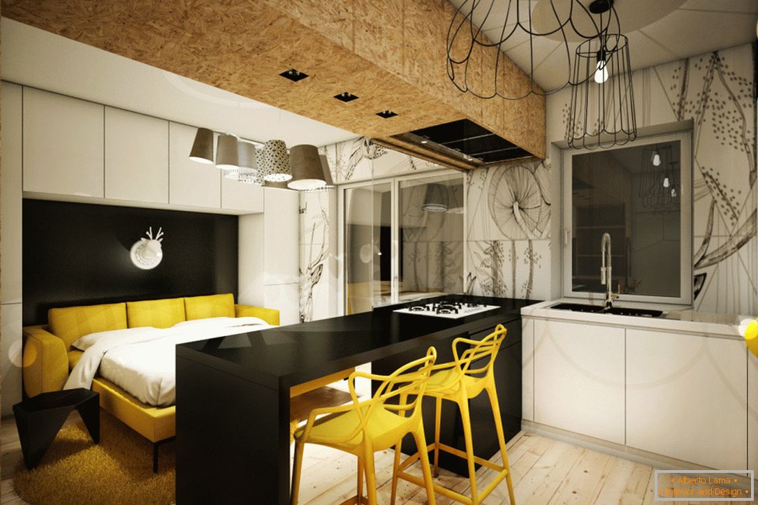 Bright living area in a small studio apartment