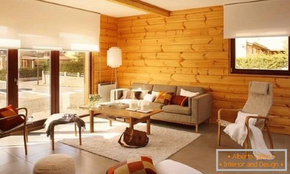 Wooden walls in the interior of the living room of a private house