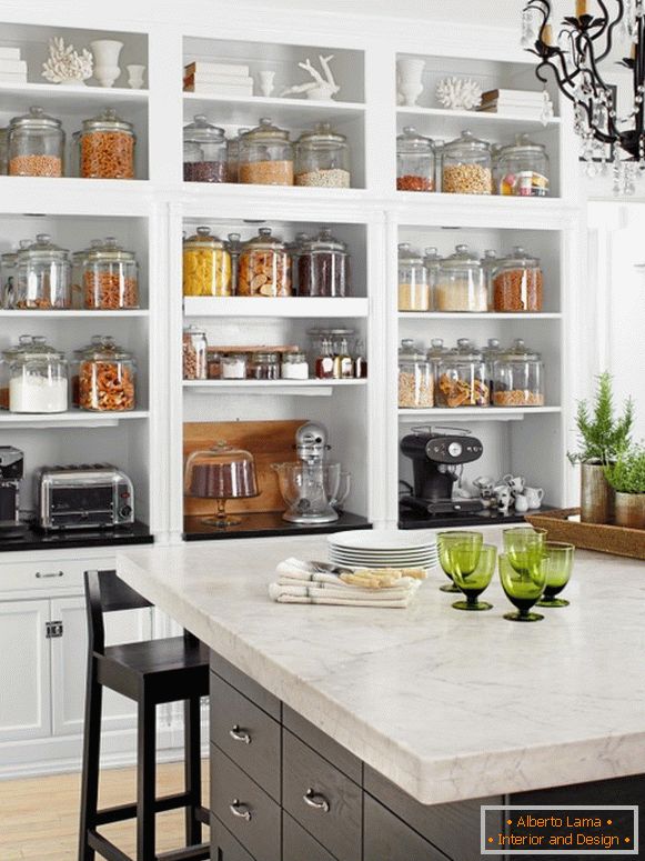 Open shelves under the ceiling of the kitchen