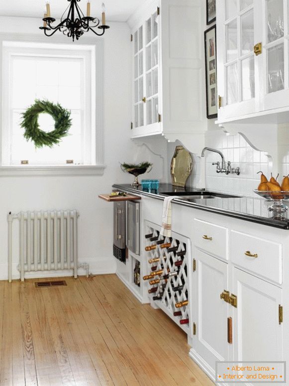 Wine storage on the shelves in the kitchen