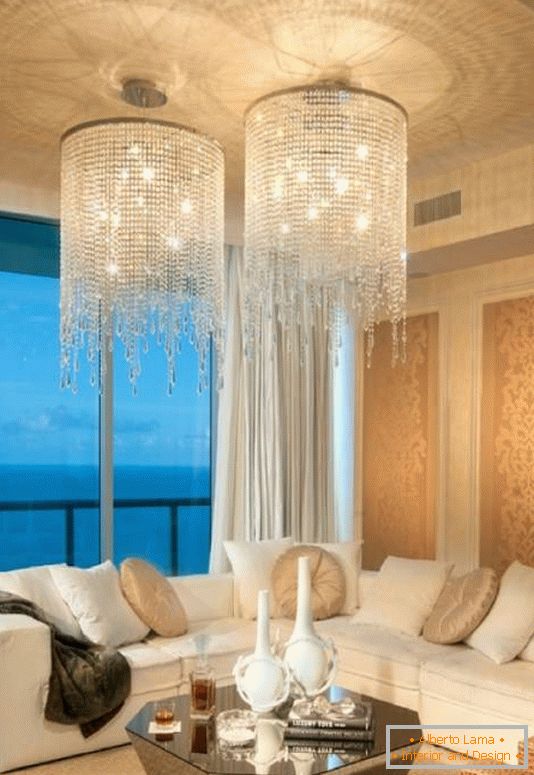 Two modern chandeliers in the living room