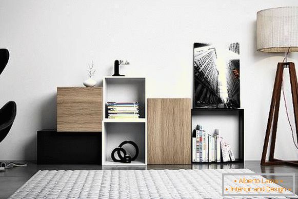 Modular shelves on the floor in a stylish living room