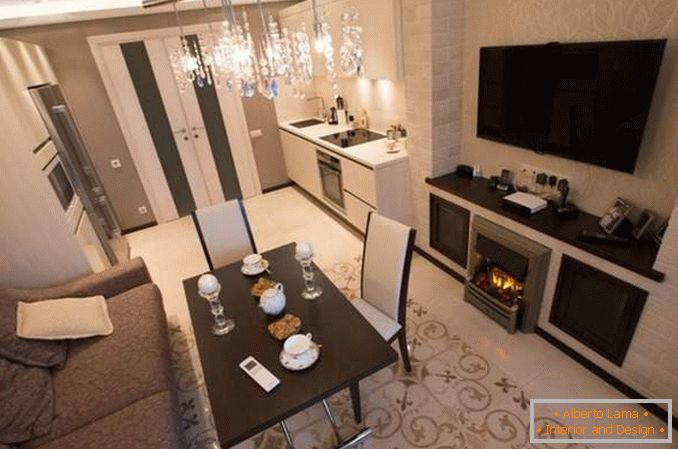 Interior design of a two-room apartment for a family - a photo of a living room with a fireplace