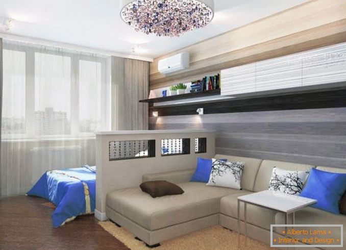 Design of a two-room apartment with a children's room - photo of a combined bedroom of the living room