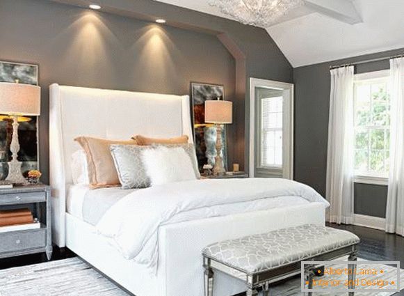 Picture of a bedroom in a modern style with gray paint on the walls