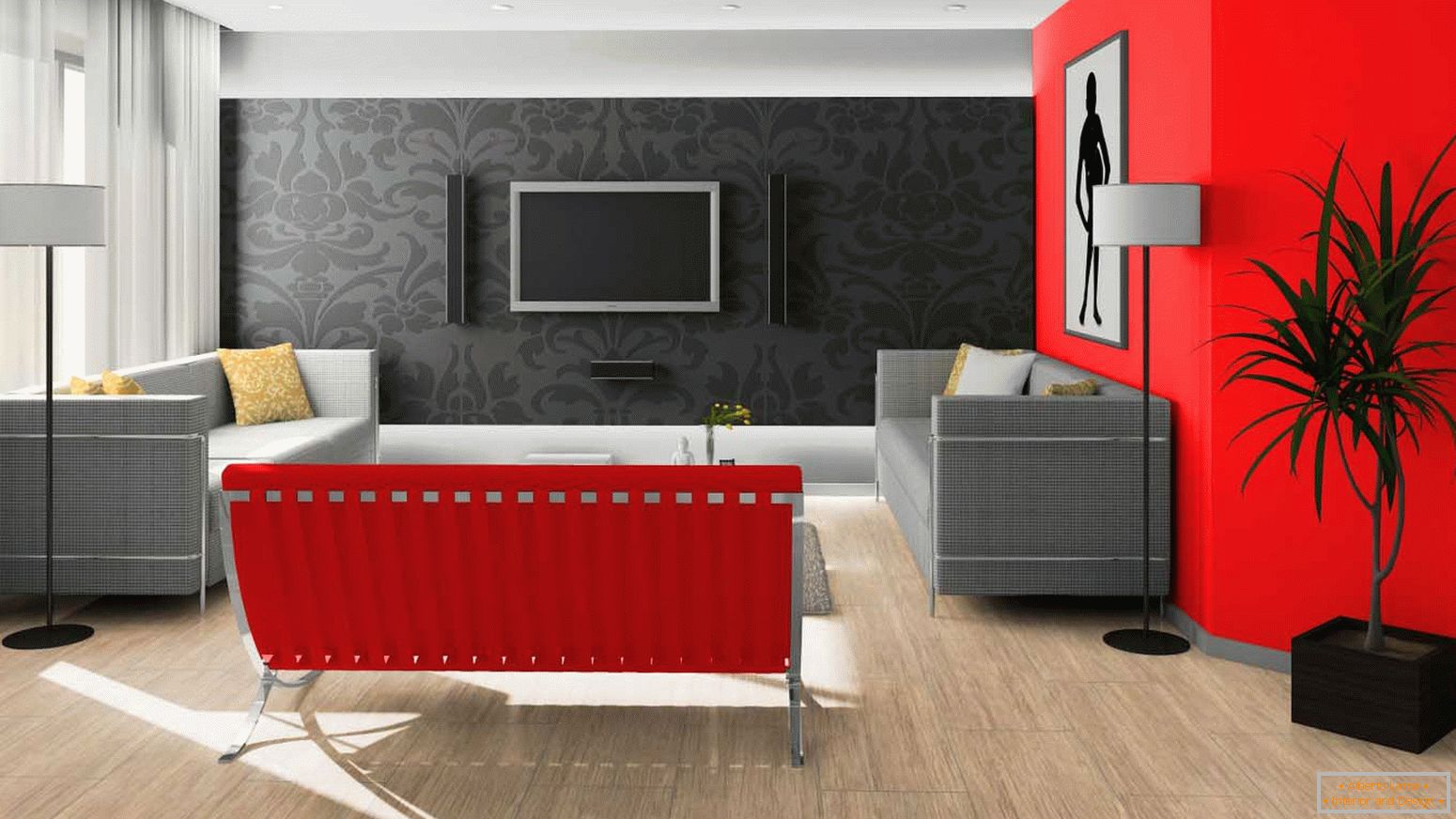 Black and red in the design of the living room