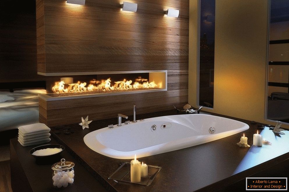Modern design of a bathroom with a fireplace