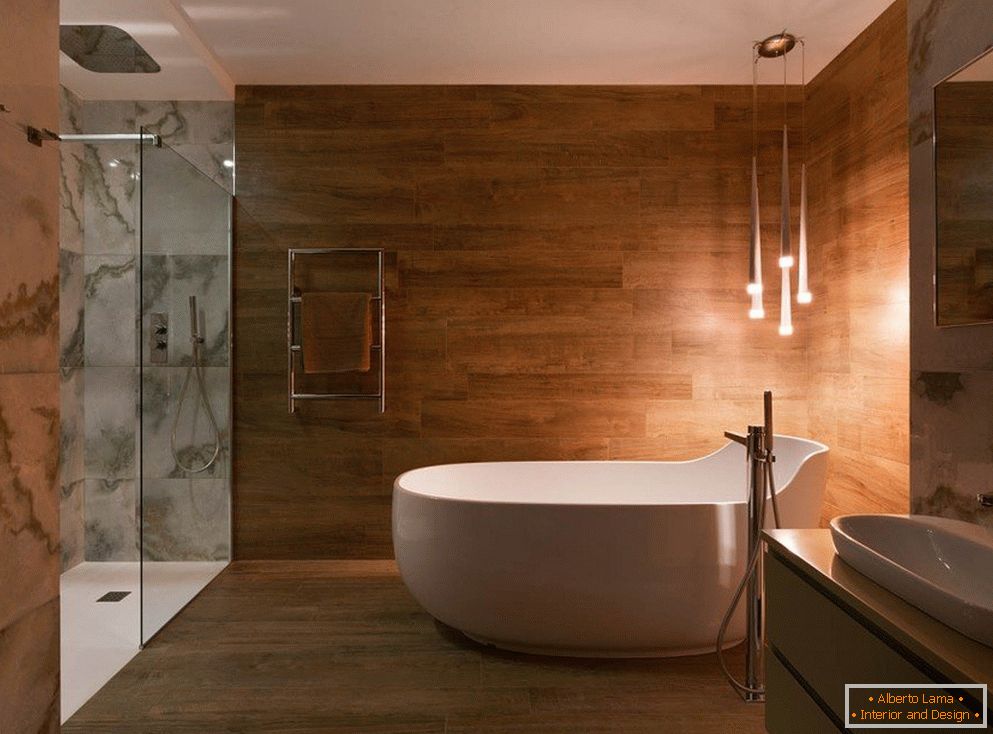 Wood and marble in the bathroom interior
