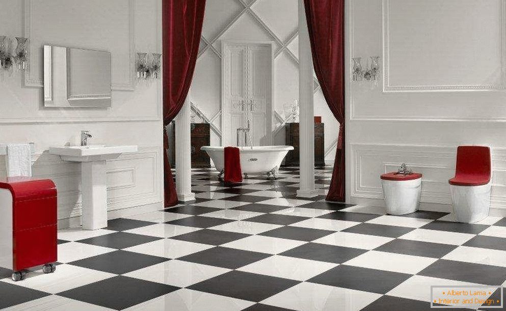 Bathroom interior with a checkerboard tile floor