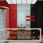 Bathroom interior in red, black and gray colors