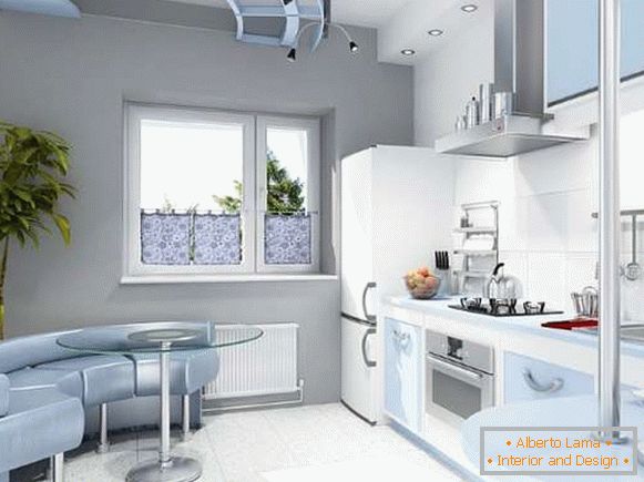 Interior of a small kitchen in a private house - a design in white and blue tones