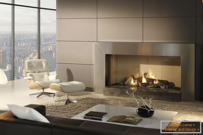 Modern fireplace harmoniously fits into the interior of a huge skyscraper studio. Cozy and safe. 