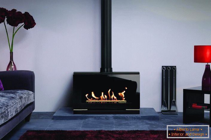The style of high-tech biofireplaces. The fireplace itself and the black steam pipe are impressive.