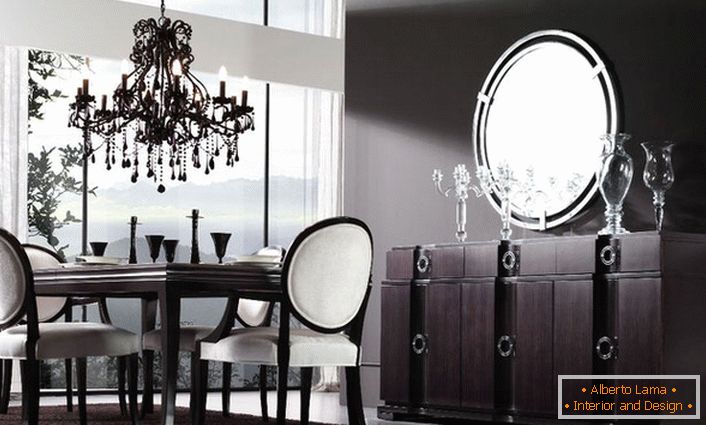 In the design of the dining room, darker tones of brown color are used to a greater extent. The art deco style with pronounced contrasts is luxurious and elegant. 