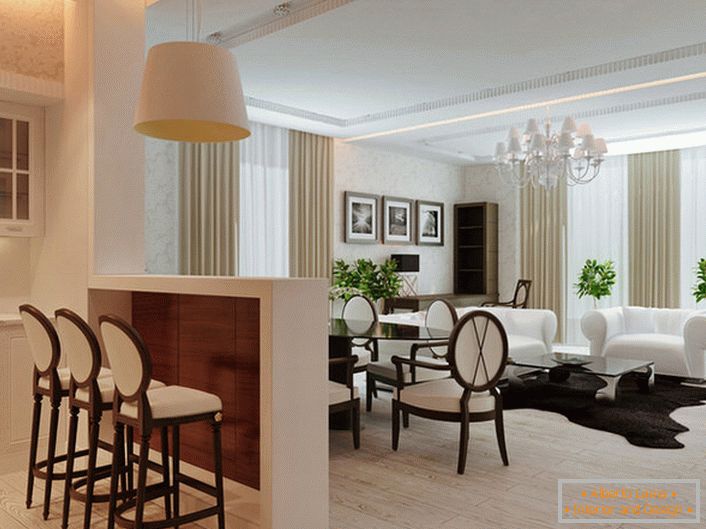 Art deco style can be used for interior decoration of studio apartments. Live flowers are an interesting design solution for such a composition.
