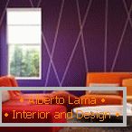 The combination of lavender walls and an orange sofa