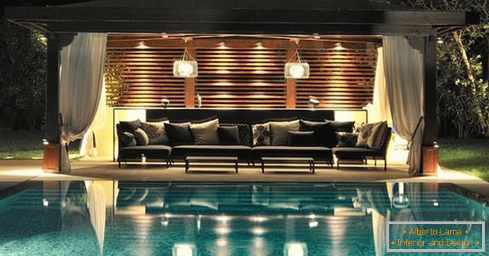 Arbor in the style of high-tech poolside - comfortable rest in a modern interior.