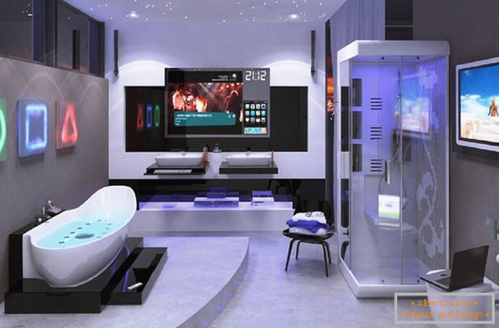 The bathroom in high-tech style is designed according to a pre-designed project by a famous Moscow designer. 
