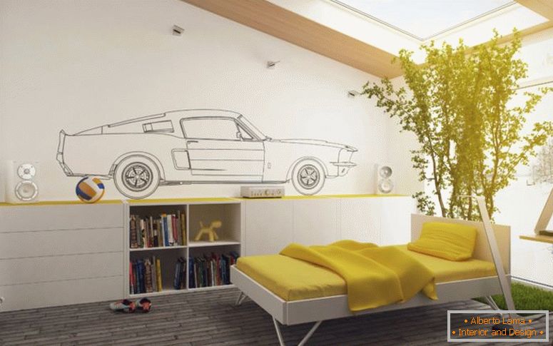 attractive-yellow-and-white-kids-bedroom-decor-with-big-cool-plants-decoration-twin-bed-and-wooden-cabinetry-bookcase-on-brown-hardwood-floor-plus-large-clear-glass-sunroof-as-well-as-office-design-la