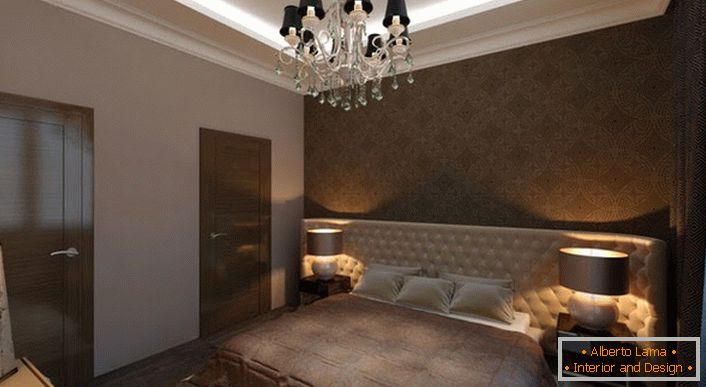 Bedroom in the Art Deco style with the right lighting. Muffled light creates an atmosphere of privacy and romance in the room.