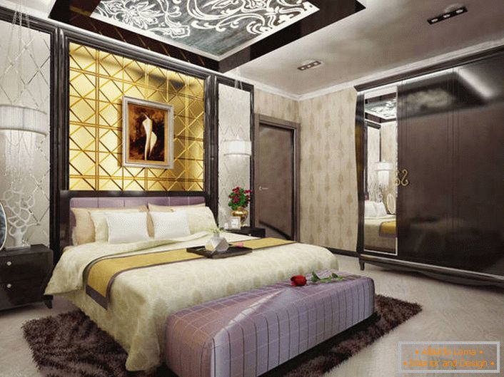 Luxurious bedroom in the Art Deco style in the house of the French family. 