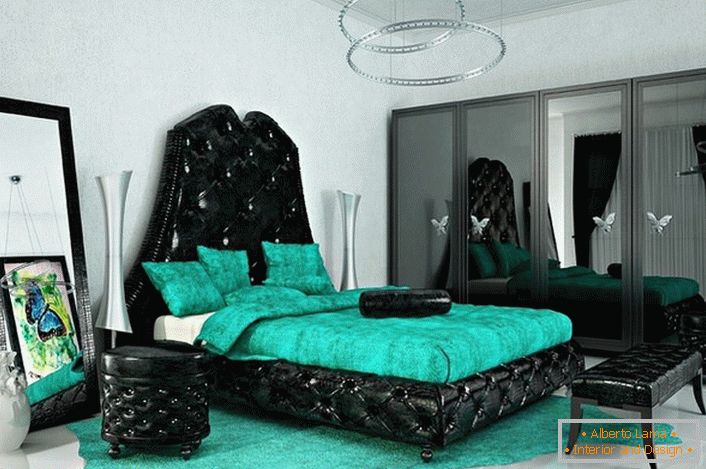 Bright, catchy colors for the art deco style. Emerald color harmoniously matches with black. Ideal bedroom for a creative person.