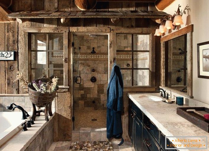 Bathroom in country style. In one design project the wooden decoration elements and marble tiles perfectly combined.