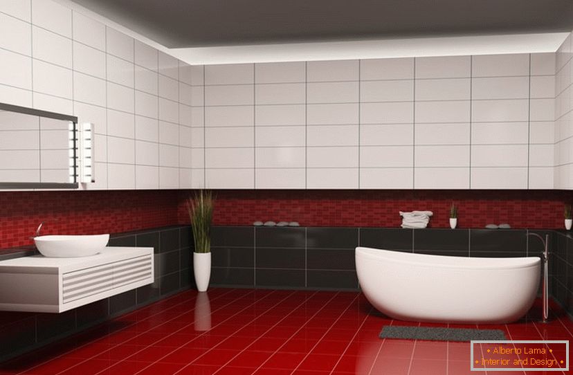 Red, black and white tiles in the bathroom design