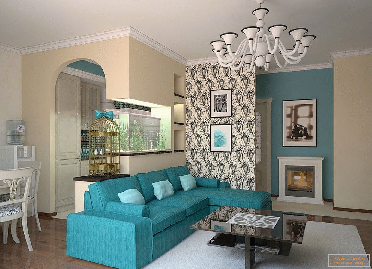 Turquoise sofa and white carpet in the interior