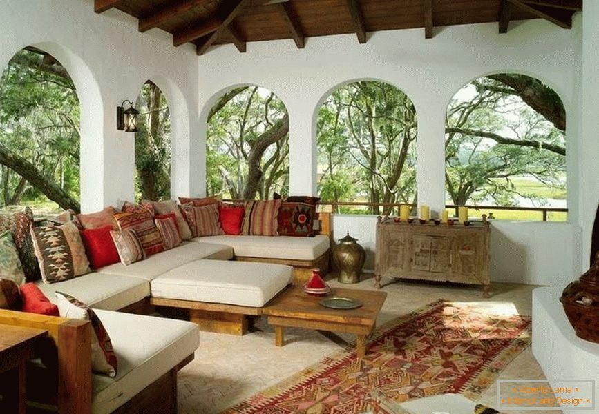 Sofas with cushions in the gazebo