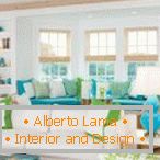 White interior with blue and light green decor elements