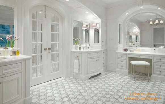 Glass doors for bathroom in white wooden frame