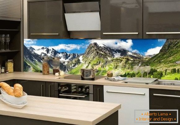 Glass apron for the kitchen with a landscape - photo in the interior