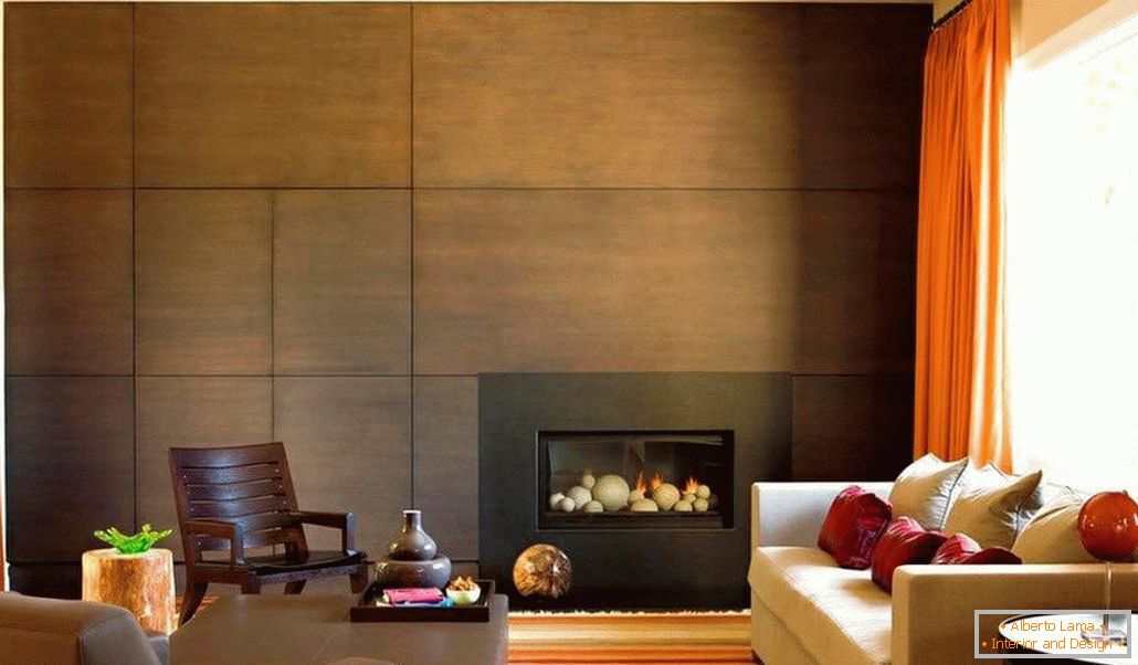 Fireplace and wall panels under the tree in the living room