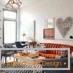 Orange sofa and gray armchairs