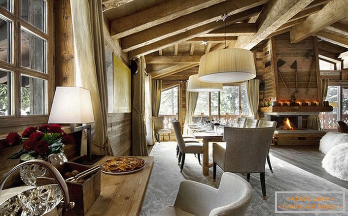Guest room in the style of an alpine chalet.