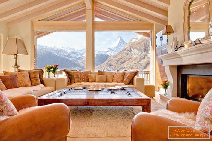 Alpine style prefers the use of natural materials for decoration.