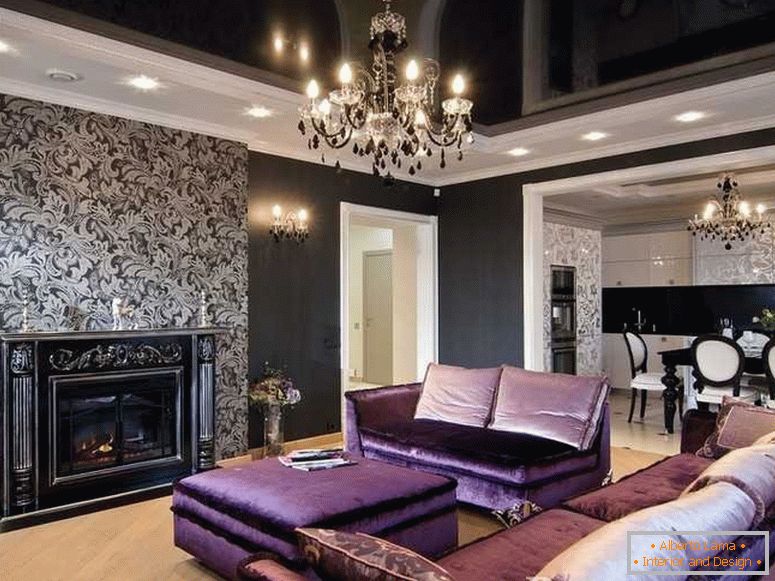 Living room with a purple sofa