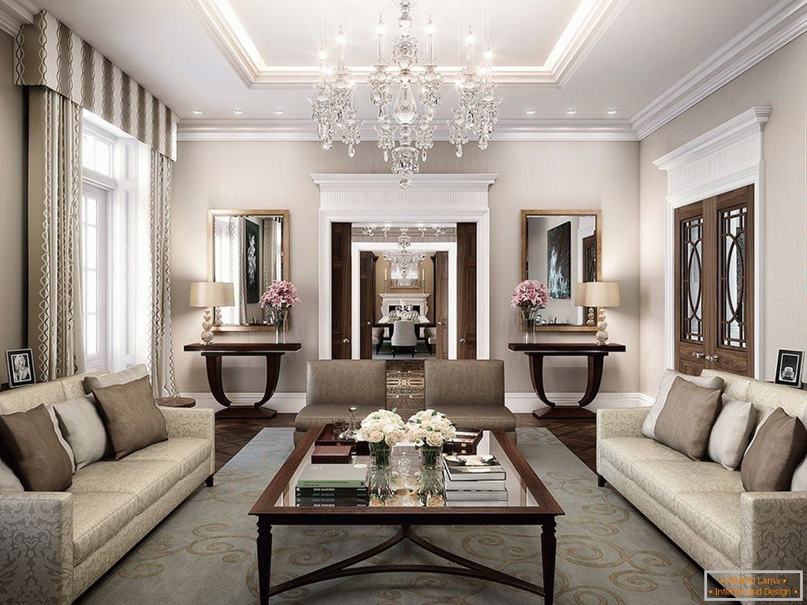 Living room in beige brown colors
