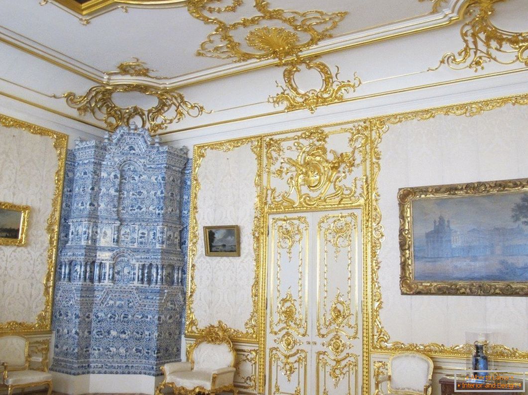 White interior of room with gold patterns